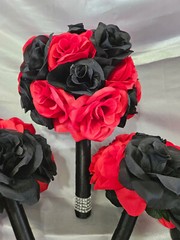 Red & Black Bouquet Set With Rhinestone around the Handle Wedding Bouquet Set