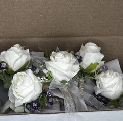 5 Artificial White Rose Boutonnières Wrapped With Twine Accent, Never Used