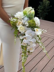 Pure White & Green Wedding waterfall Bouquet – artificial real touch orchid rose