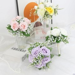 Elegant Ivory Silk Rose Flower Bouquets – 6 Bridesmaid Size, 7 Inch, Wedding
