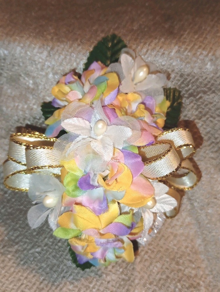 NEW 5″ Artificial Pastel Rainbow Rose Wrist Corsage W/Pearl Accents Gold Bow