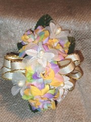 NEW 5″ Artificial Pastel Rainbow Rose Wrist Corsage W/Pearl Accents Gold Bow