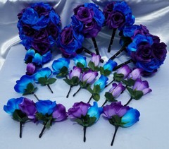 22 PC Wedding Bouquet Package, Purple & Blue & Black, Cascading Wedding Bouquet