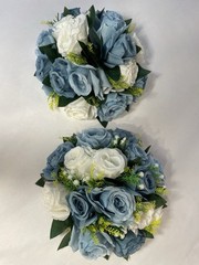 Bouquet Centerpiece Silk Flower Ball-WHITE/BLUE- Event Decor Wedding LOT OF TWO