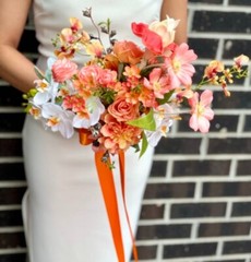Orange Flower Fields faux wedding bouquet w. orchid, ranunculus, rose, daisy