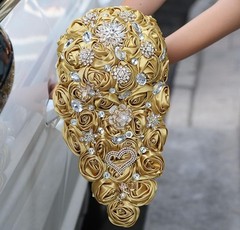 Satin/Brooch Rhinestone Gold Golden Flower Floral Wedding Bridesmaid Bouquet