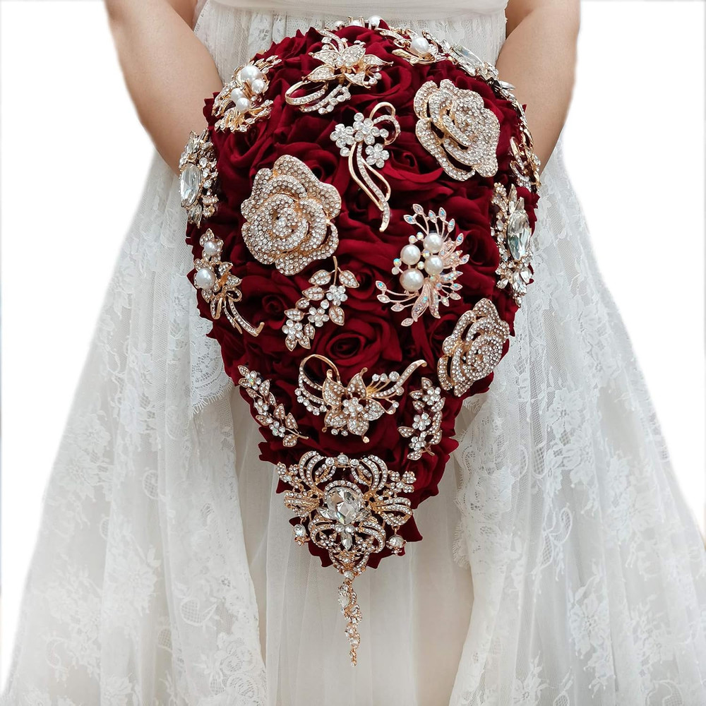 Yifuwedding Bride Water Drop Wine Red Bouquet Navy Blue Wedding Luxury Jewelry P