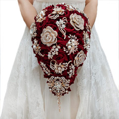 Yifuwedding Bride Water Drop Wine Red Bouquet Navy Blue Wedding Luxury Jewelry P