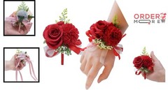2 Pack Silk Flower Wrist Corsage & Boutonniere Set for Wedding Decor Red 3″