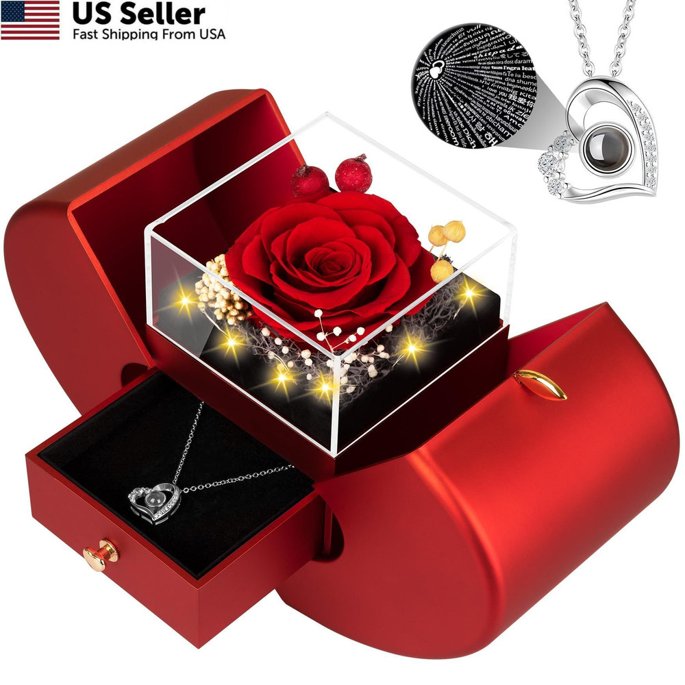 Lebana Preserved Red Real Rose with I Love You Necklace, Small, Red-Love