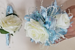 Light Blue and Ivory SILK Flower Wrist Corsage & Boutonniere Set, Prom, wedding