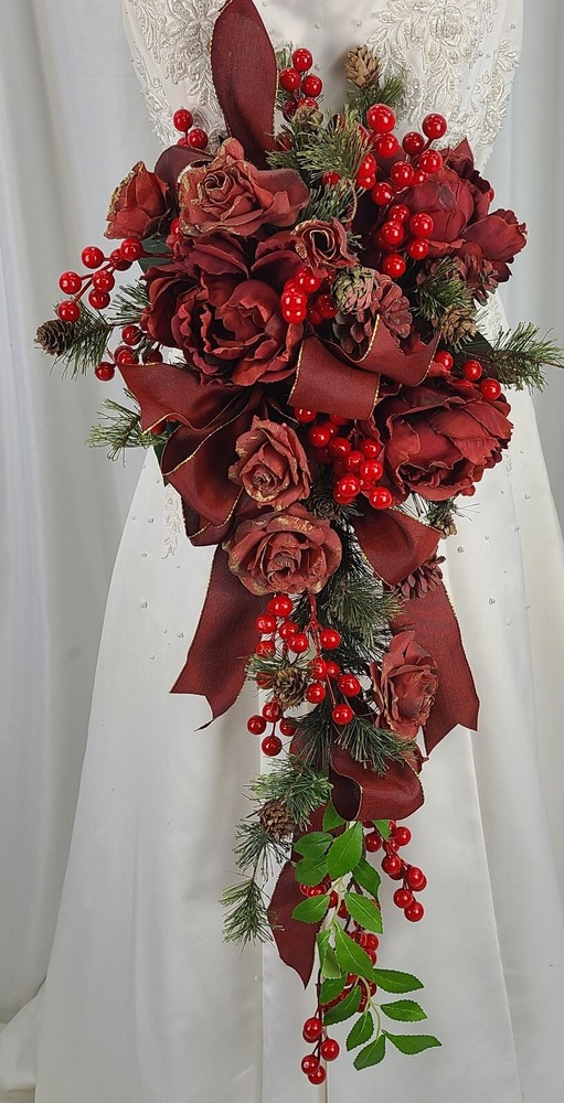 Roses and Ribbons Red Berry Cascade Faux Silk Wedding Bouquet