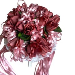 VTG Silk Flower & Lace Streamers Wedding Bridal Bouquet Red Rose & Pink Ribbons