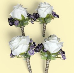 5 Artificial White Rose Boutonnières Wrapped With Twine Accent, Never Used