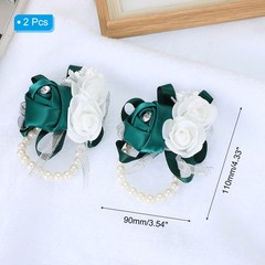 2 Pcs Wrist Corsage Bracelets Silk Rose Pearls Wedding Bridesmaid Dark Green