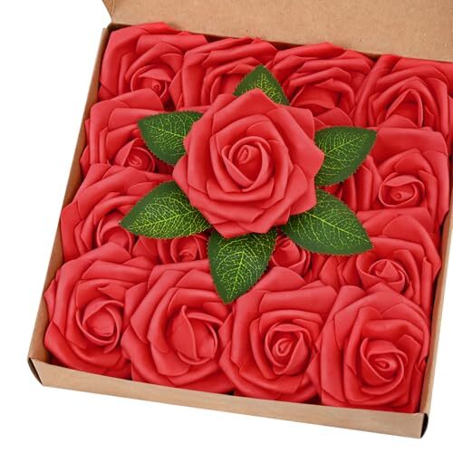 Artificial Flowers Fake Roses with Stems Boxed Foam Roses for DIY 16Pcs Red