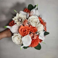 Coral Ivory Rose Calla Lily Sola Wood Bridal Wedding Bouquet Accessories