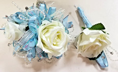 Light Blue and Ivory SILK Flower Wrist Corsage & Boutonniere Set, Prom, wedding