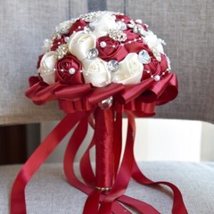 Handmade Luxury Rose Silk Pearls Rhinestone Brooch Wedding Bridal Bouquet Ivory
