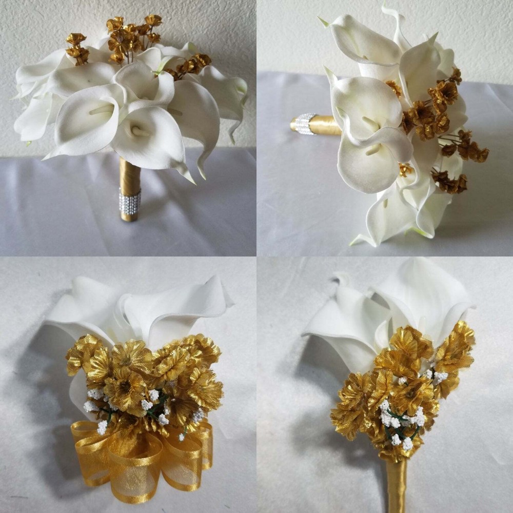Ivory Gold Calla Lily Bridal Wedding Bouquet Accessories