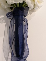 Artificial Bridal Bouquet – White Peony with Sparkles & Navy Blue Ribbon Handle