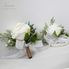 Ivory Rose Wrist Corsage Wristlet Band Bracelet and Men Boutonniere Set for Whit