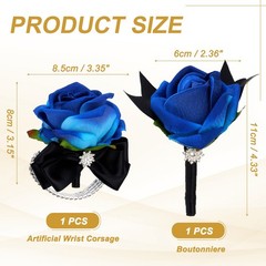 2Pcs Wrist Corsage Boutonnieres Set with Black Ribbon, Blue