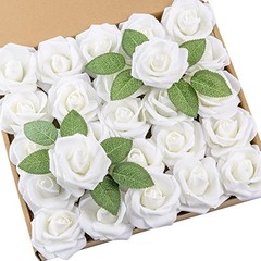 25Pcs White Artificial Roses Flowers with Stems – Real Touch