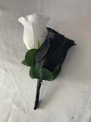 Wedding Bouquet Set, Black & White Roses, Black Velvet Bows, 21 Pc Flowers