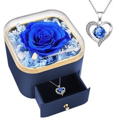 Gifts for Mom Preserved Real Blue Rose with Necklace B Dark