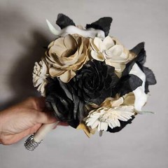 Champagne Gold Ivory Black Rose Calla Lily Sola Wood Bridal Wedding Bouquet Acce