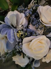 Steel Blue Wedding Bouquet, Dusty Blue, Ivory, Silk Roses, Men’s Boutonniere 