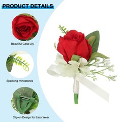 4 Pcs Artificial Rose Wrist Corsage and Boutonnieres Set Wedding Red