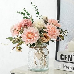 Fake Flowers with Vase,Faux Flowers in Vase for Home Decor,Silk Pink Dahlia 1