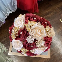 Burgundy Ivory Gold Artificial Rose Wedding Bouquet with Silk and Pearl Accents