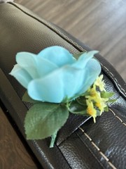 Silk Boutonnière Made With A Turquoise Rose With Yellow Filler. Perfect For Prom
