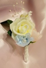 Bride Pearl Bouquet and Groom Boutonnière (Blue/Pink/ Ivory
