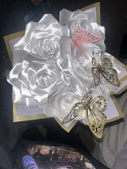 Homemade 7 Ribbon Rose Flower Bouquet In White With Pink And Golden Butterfly’s