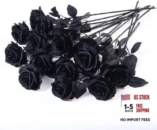 12 PCS Artificial Flowers Black Roses – Fake Silk Flower Long Stem – Solid Black