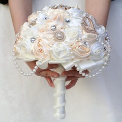 Ivory and Champagne Bridal Wedding Bouquet with Rhinestone Brooch Pearl Strin…