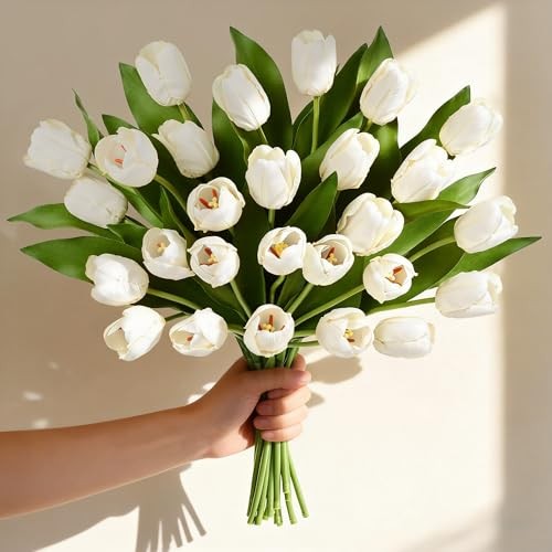 12 Pcs Tulips Artificial Flowers Real Touch Tulips Fake Faux Tulip White