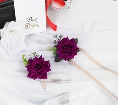 Wrist Corsage and Boutonniere Set, Velvet Purple Roses Corsage, Men Boutonnie…