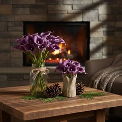 Purple Calla Lily Bundle Five Stem Faux Floral Arrangement Wedding Bouquet Cente