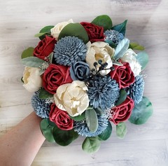 Red & Dusty Blue Bridal Bouquet: Sola Wood Bridesmaid Wedding Flowers