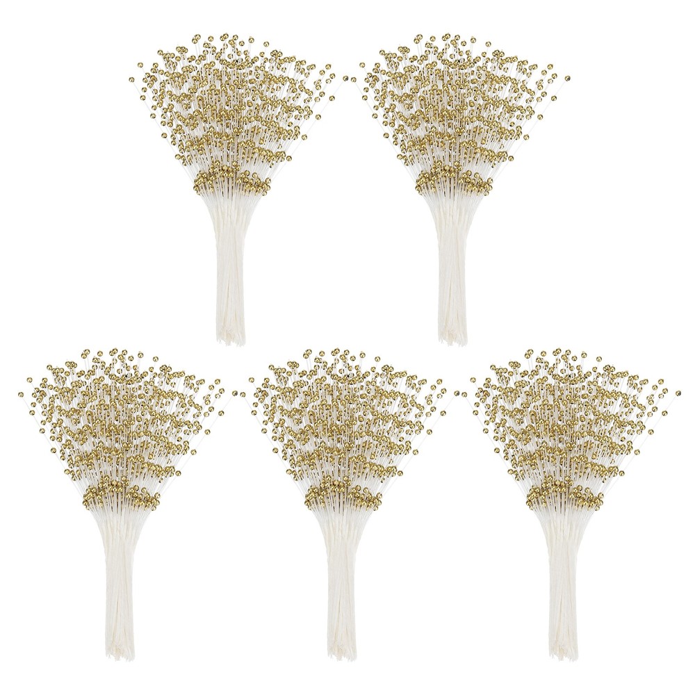 50 Pcs 4mm Pearl String Bouquet Pearl Stick Stems Bouquets Garland Spray, Gold