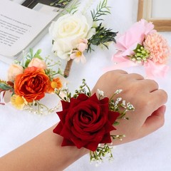 Rose Bridesmaid Wrist Corsage Set Artificial Flower Bride Orange/Beige/White