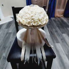 Elegant Handmade Cream White Wedding Bouquet with Pearls, Ribbons & Accessories