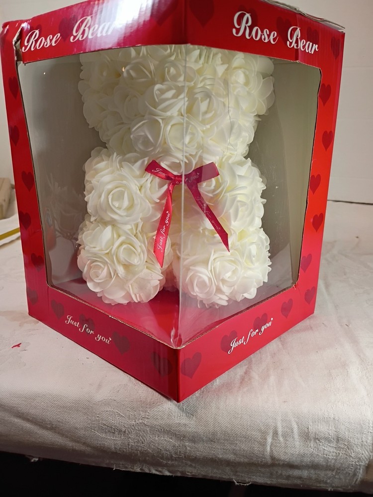 White Artificial Silk Roses Rose Bear With Red Ribbon. A-23