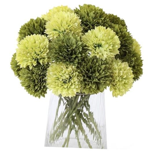 20Pcs Green Chrysanthemums Artificial Flowers Fake Silk Ball Grass Green