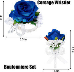 2Pcs Blue Rose Corsage and Boutonniere Set, Corsage Wristlet Band for Prom Su…